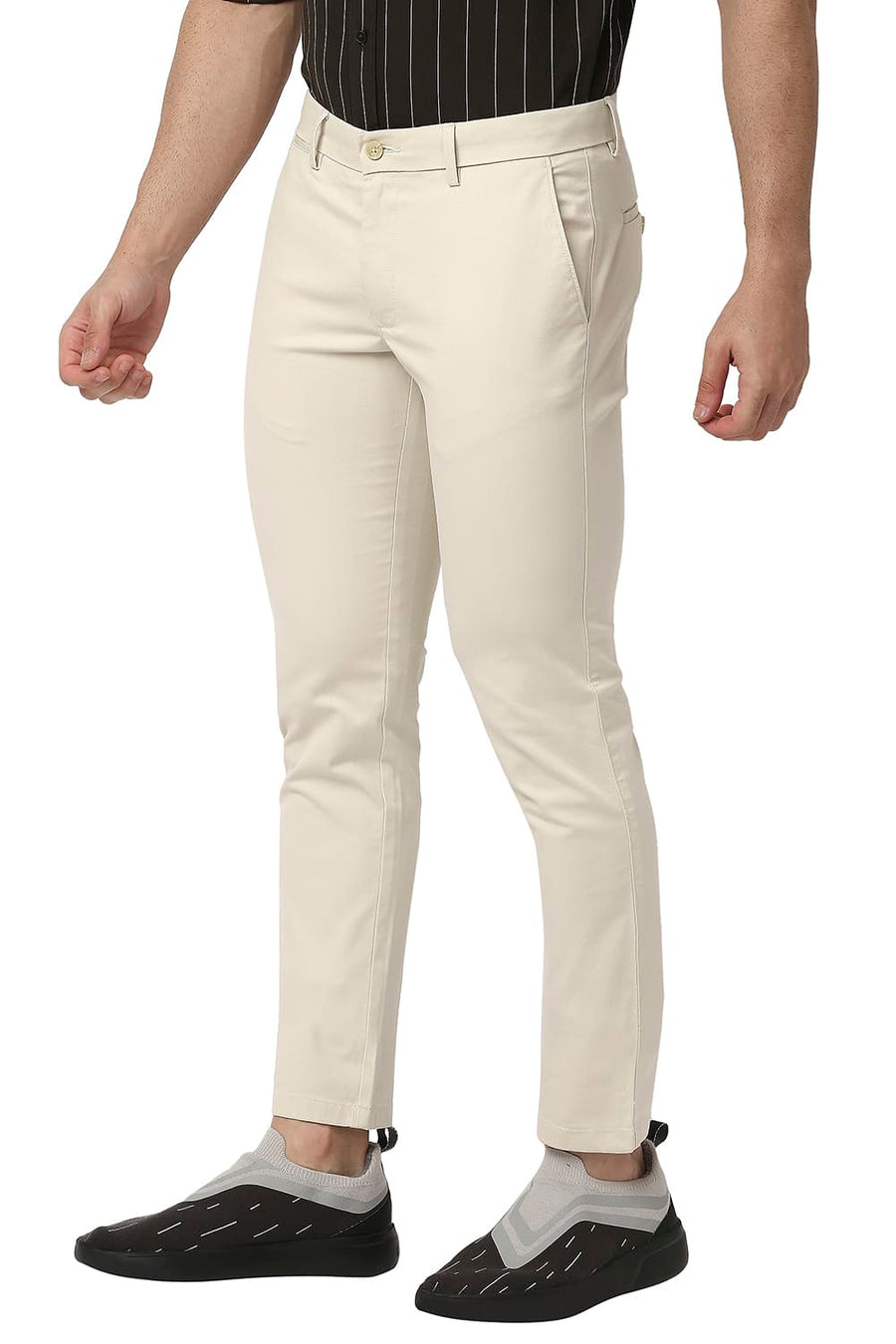 BASICS TAPERED FIT ALMOND BEIGE COTTON STRETCH TROUSERS