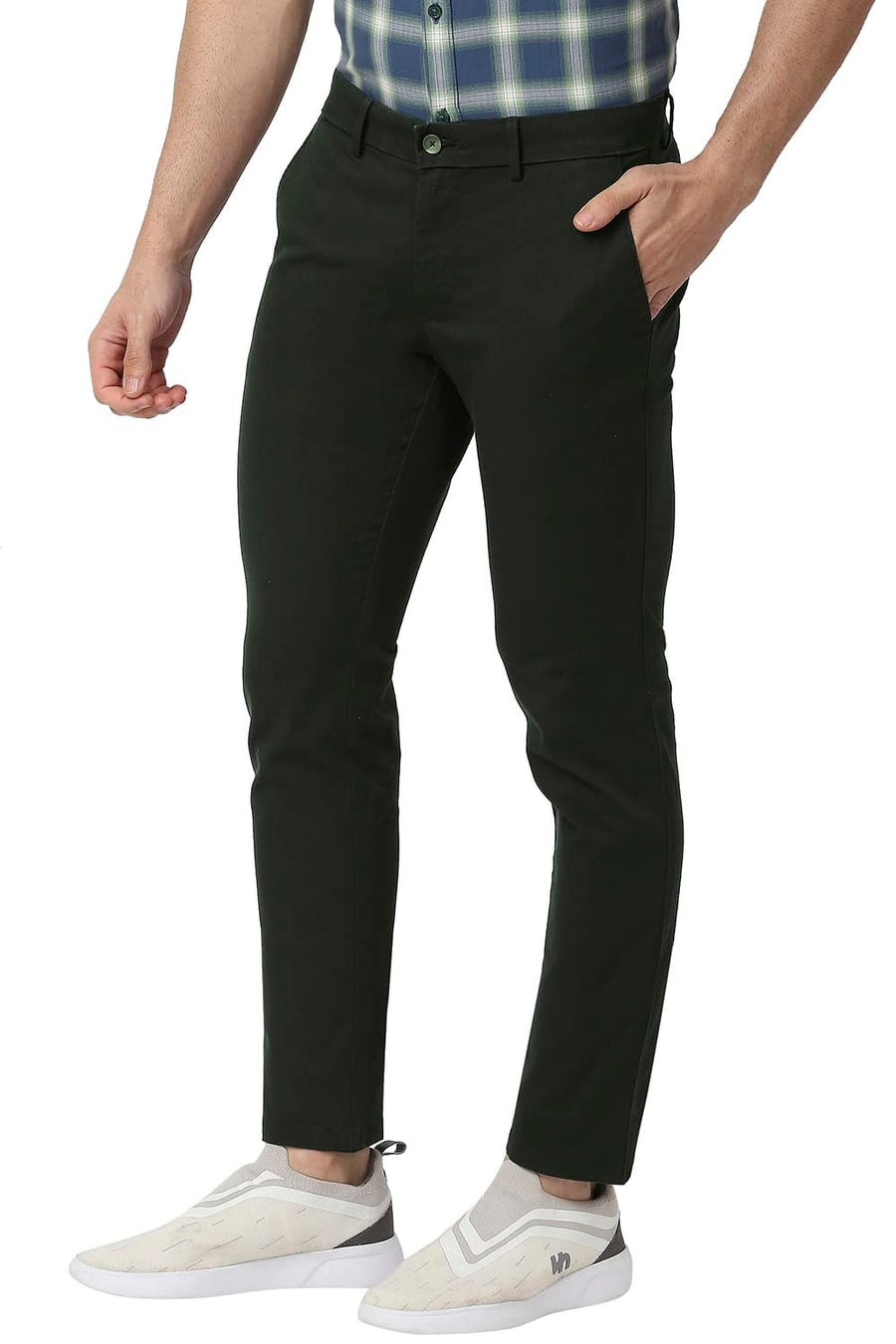 BASICS TAPERED FIT SPRUCE GREEN COTTON STRETCH TROUSERS
