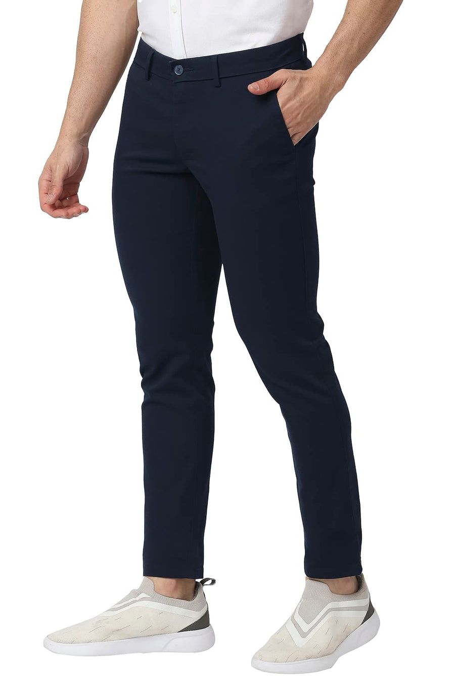 BASICS TAPERED FIT COLLEGIATE NAVY COTTON STRETCH TROUSERS