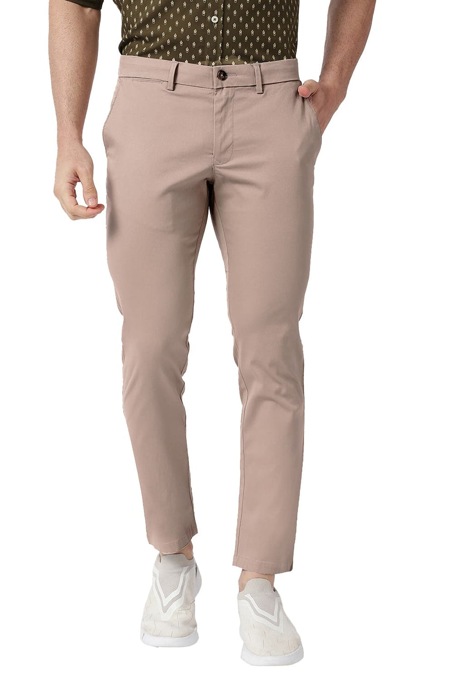 BASICS TAPERED FIT GREIGE BROWN COTTON STRETCH TROUSERS