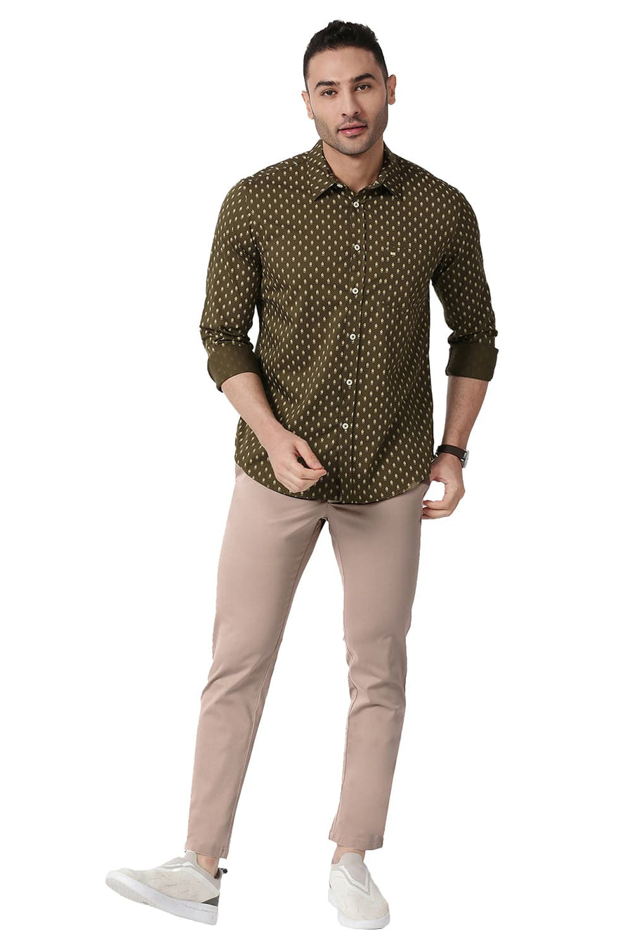 BASICS TAPERED FIT GREIGE BROWN COTTON STRETCH TROUSERS