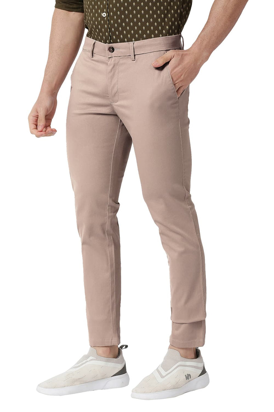 BASICS TAPERED FIT GREIGE BROWN COTTON STRETCH TROUSERS