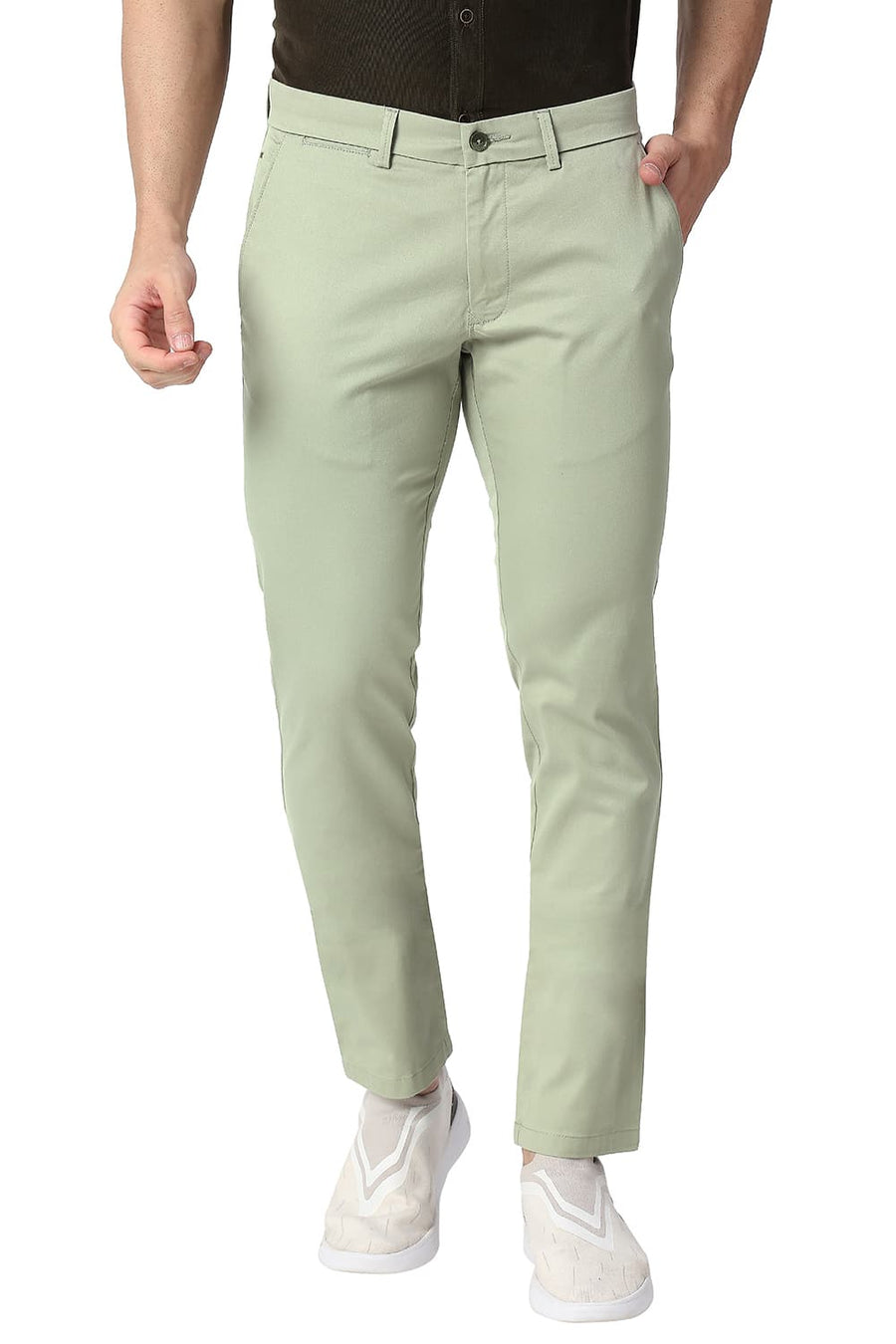 BASICS TAPERED FIT AGATE GREEN COTTON STRETCH TROUSERS