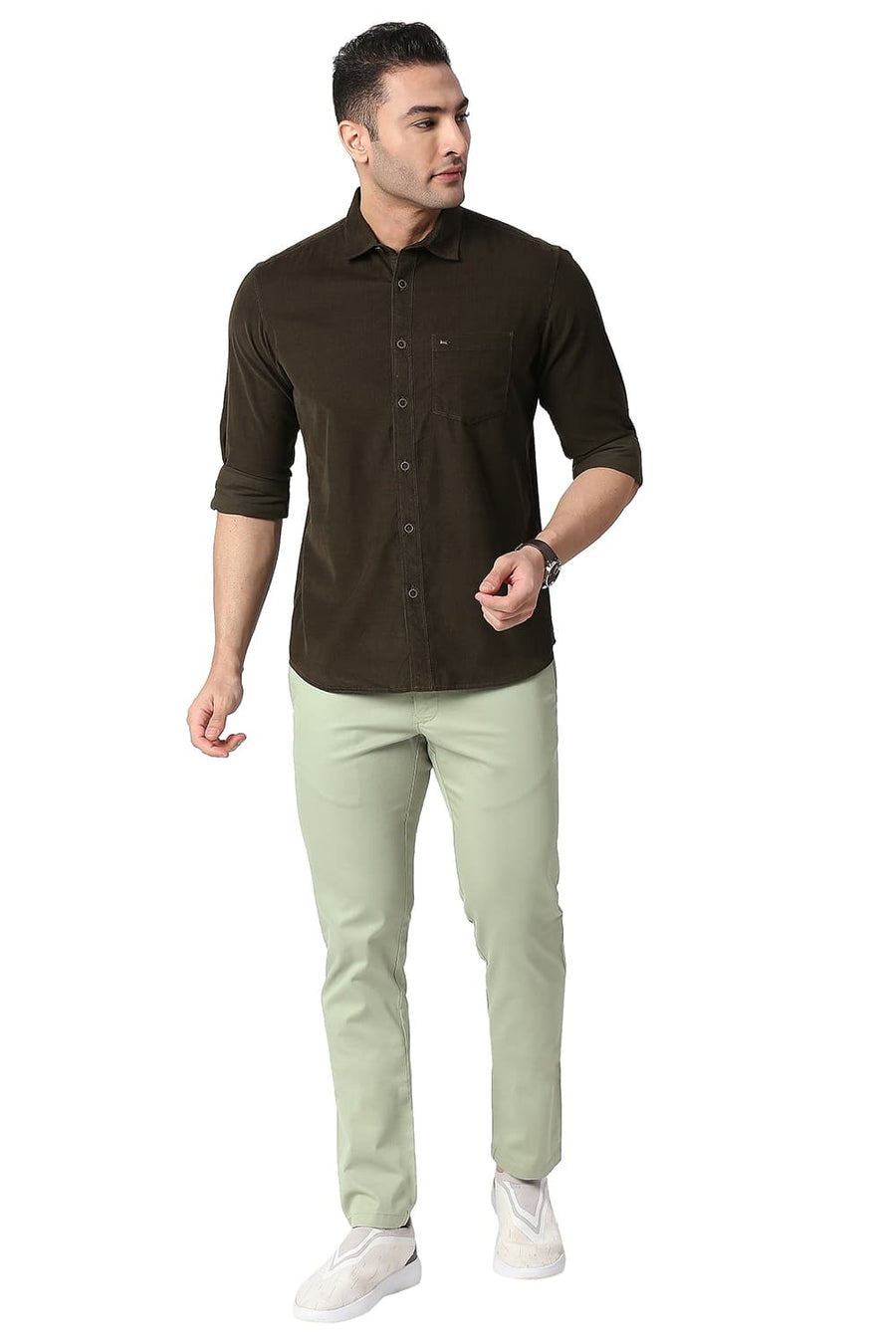 BASICS TAPERED FIT AGATE GREEN COTTON STRETCH TROUSERS