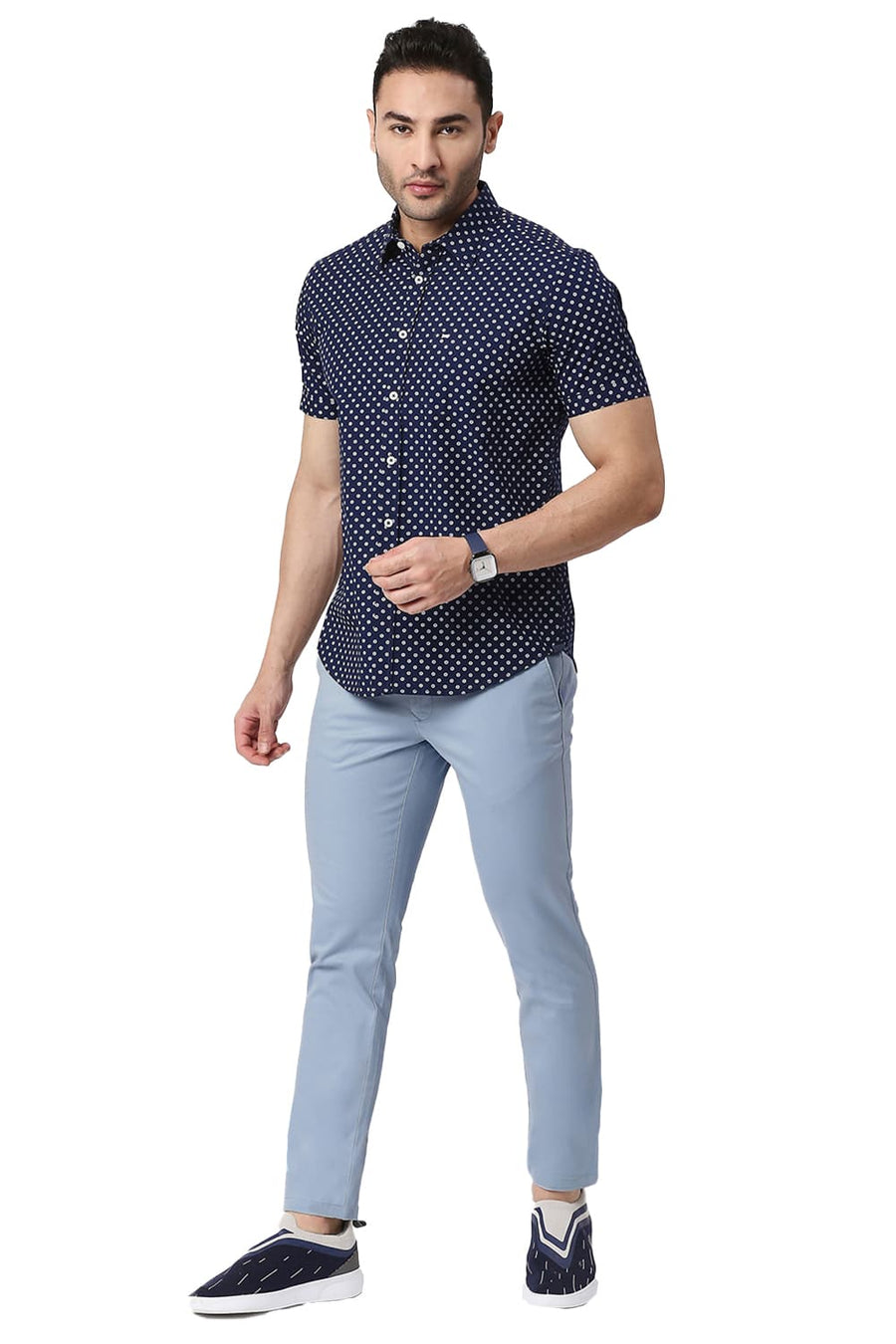BASICS TAPERED FIT WINTER BLUE COTTON STRETCH TROUSERS