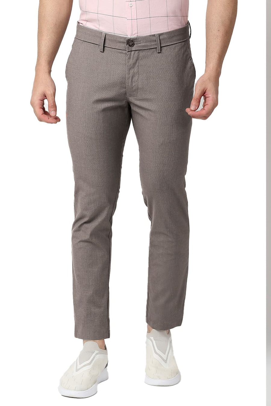 BASICS TAPERED FIT CROCODILE BROWN COTTON POLYESTER STRETCH TROUSERS