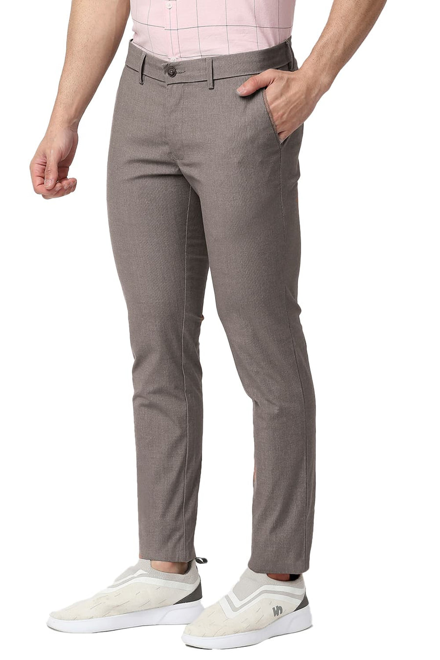 BASICS TAPERED FIT CROCODILE BROWN COTTON POLYESTER STRETCH TROUSERS