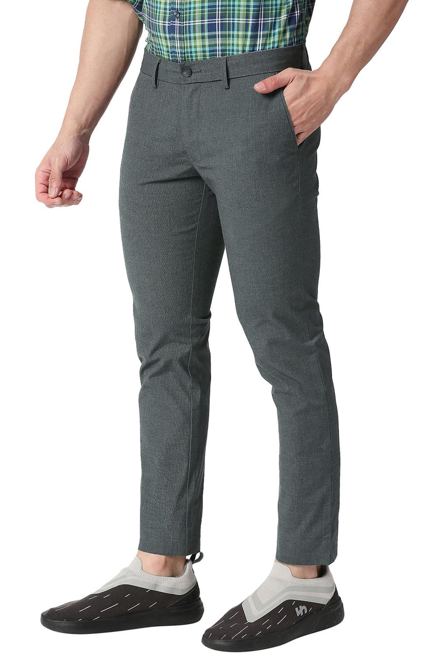 BASICS TAPERED FIT TURBULENCE GREY COTTON POLYESTER STRETCH TROUSERS