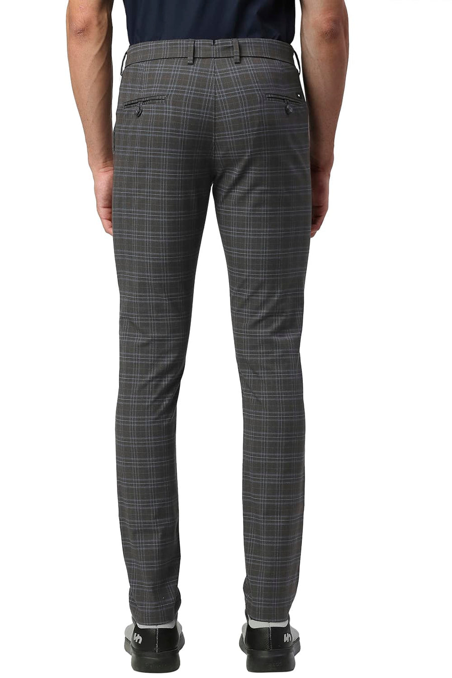 BASICS TAPERED FIT ASPHAIT GREY COTTON POLYESTER STRETCH CHECKS TROUSERS