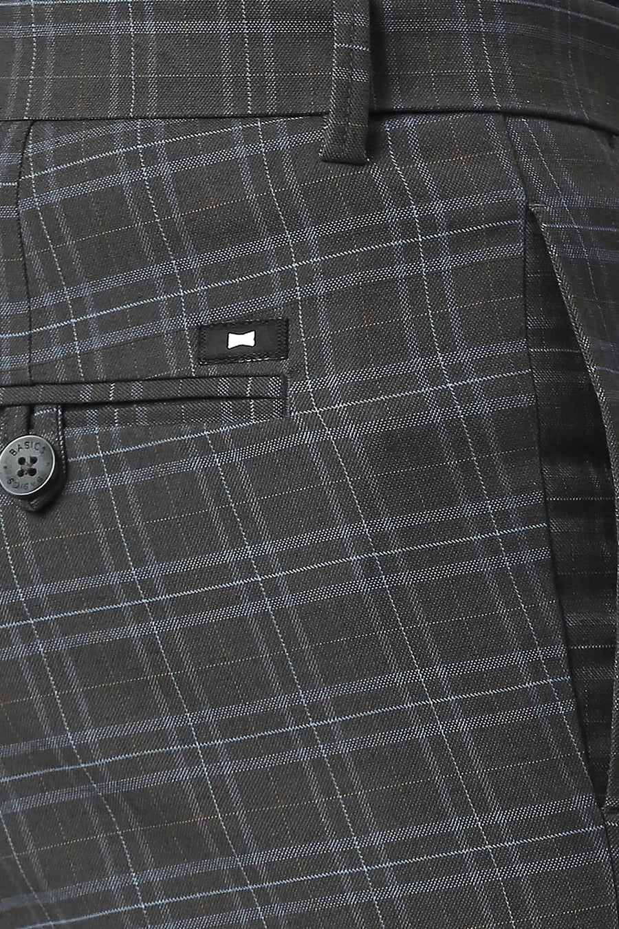 BASICS TAPERED FIT ASPHAIT GREY COTTON POLYESTER STRETCH CHECKS TROUSERS