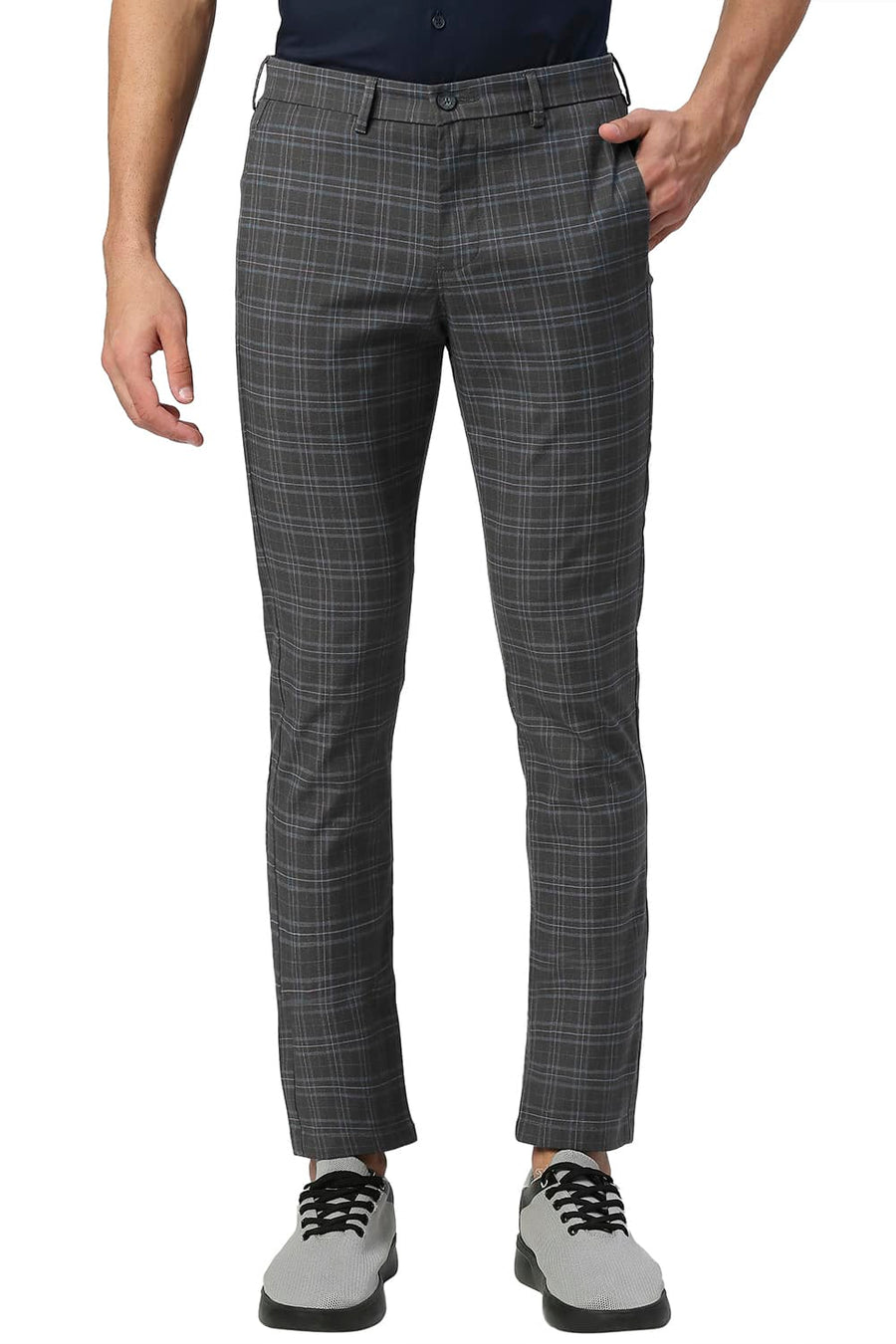 BASICS TAPERED FIT ASPHAIT GREY COTTON POLYESTER STRETCH CHECKS TROUSERS
