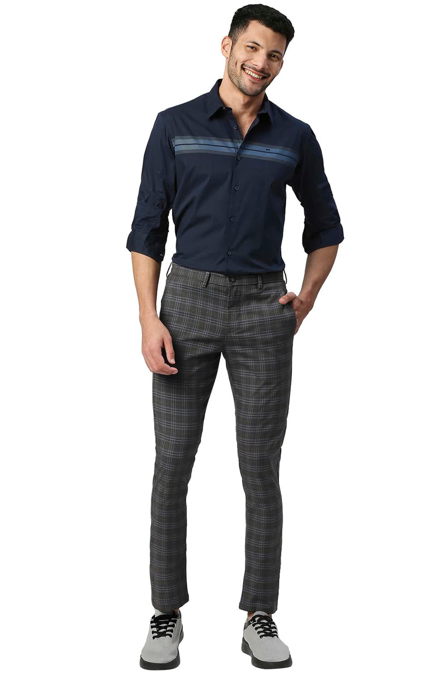 BASICS TAPERED FIT ASPHAIT GREY COTTON POLYESTER STRETCH CHECKS TROUSERS