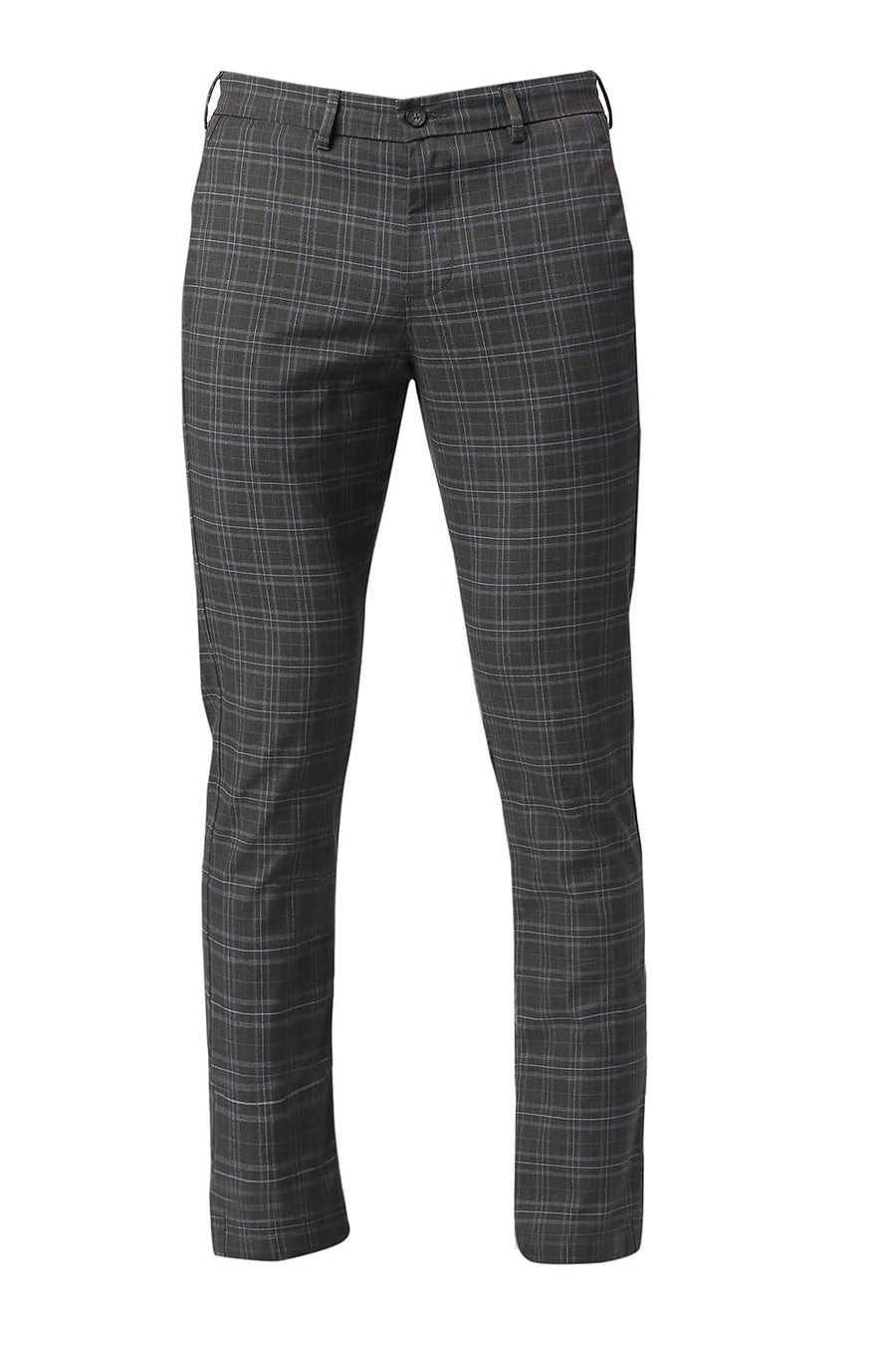 BASICS TAPERED FIT ASPHAIT GREY COTTON POLYESTER STRETCH CHECKS TROUSERS