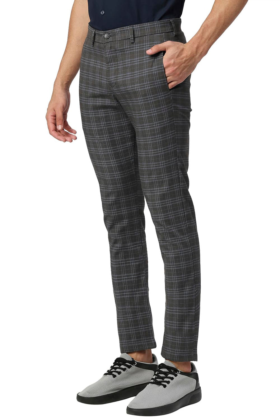 BASICS TAPERED FIT ASPHAIT GREY COTTON POLYESTER STRETCH CHECKS TROUSERS