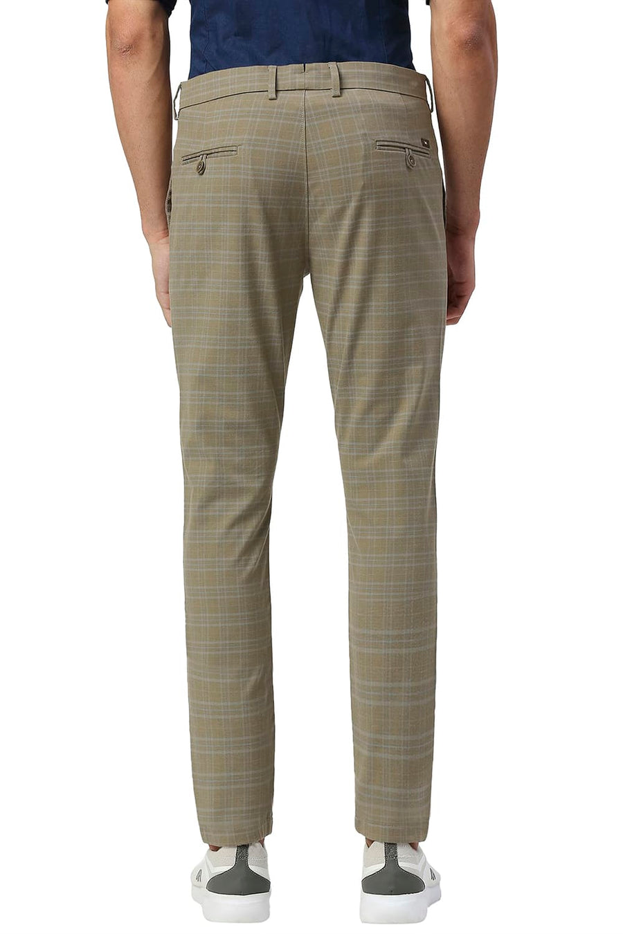 BASICS TAPERED FIT PLAZA TAUPE BROWN COTTON POLYESTER STRETCH CHECKS TROUSERS