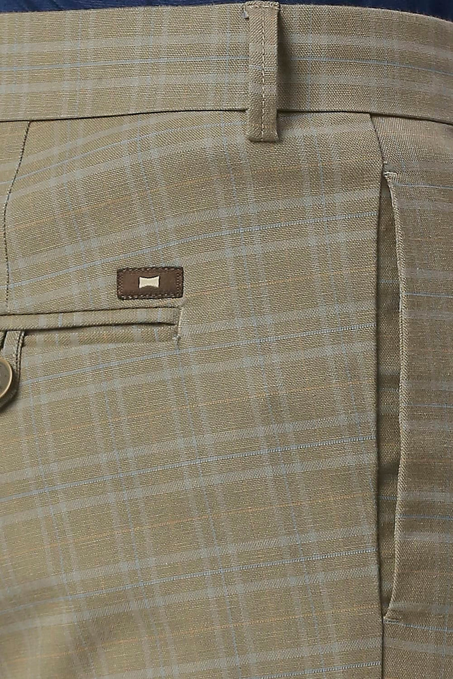 BASICS TAPERED FIT PLAZA TAUPE BROWN COTTON POLYESTER STRETCH CHECKS TROUSERS