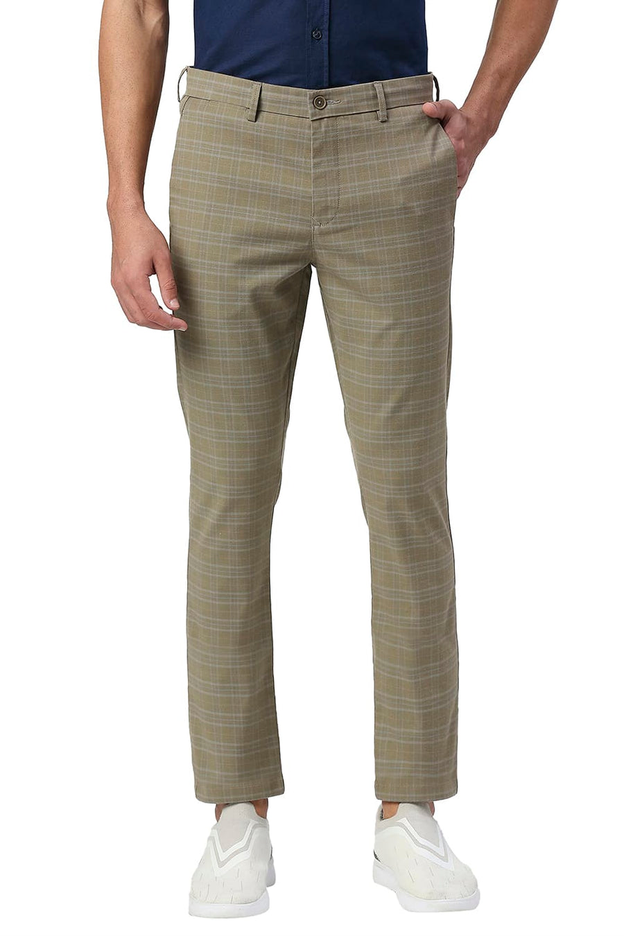 BASICS TAPERED FIT PLAZA TAUPE BROWN COTTON POLYESTER STRETCH CHECKS TROUSERS