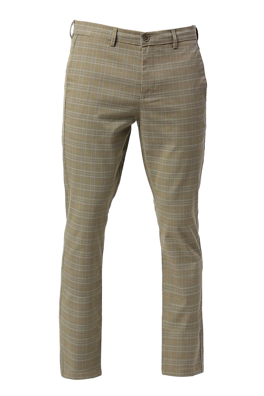 BASICS TAPERED FIT PLAZA TAUPE BROWN COTTON POLYESTER STRETCH CHECKS TROUSERS
