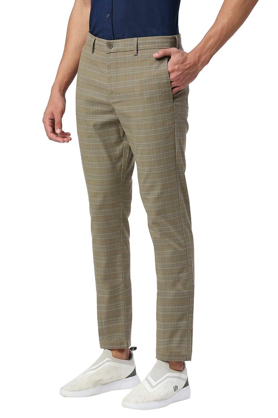 BASICS TAPERED FIT PLAZA TAUPE BROWN COTTON POLYESTER STRETCH CHECKS TROUSERS