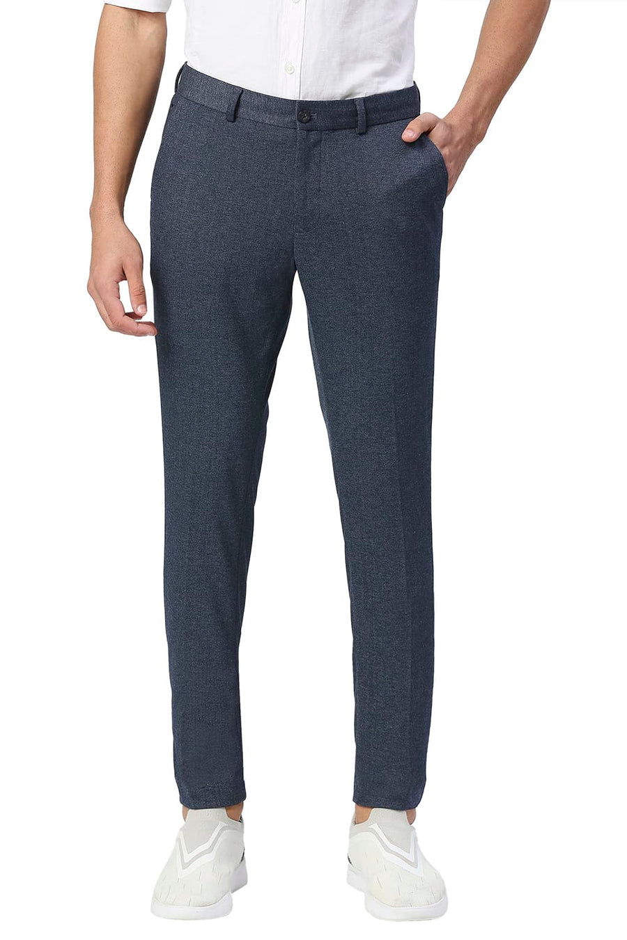 BASICS TAPERED FIT BLUE NIGHT POLY RAYON STRETCH KNIT TROUSERS