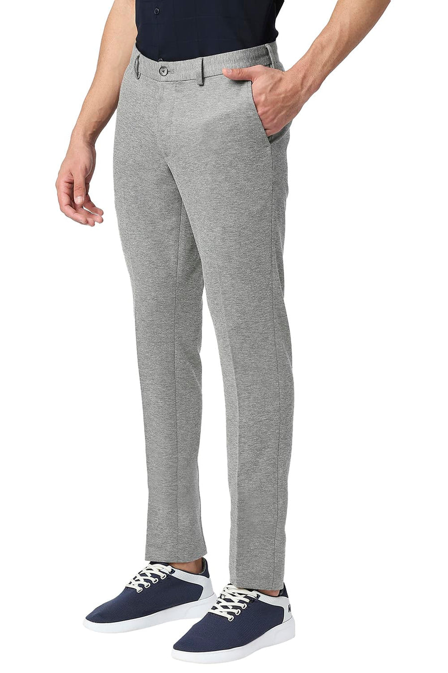 BASICS TAPERED FIT DRIZZLE POLY RAYON STRETCH KNIT TROUSERS
