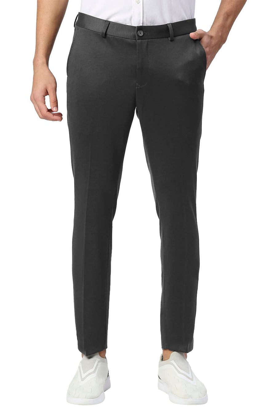 BASICS TAPERED FIT ASPHALT POLY RAYON STRETCH KNIT TROUSERS