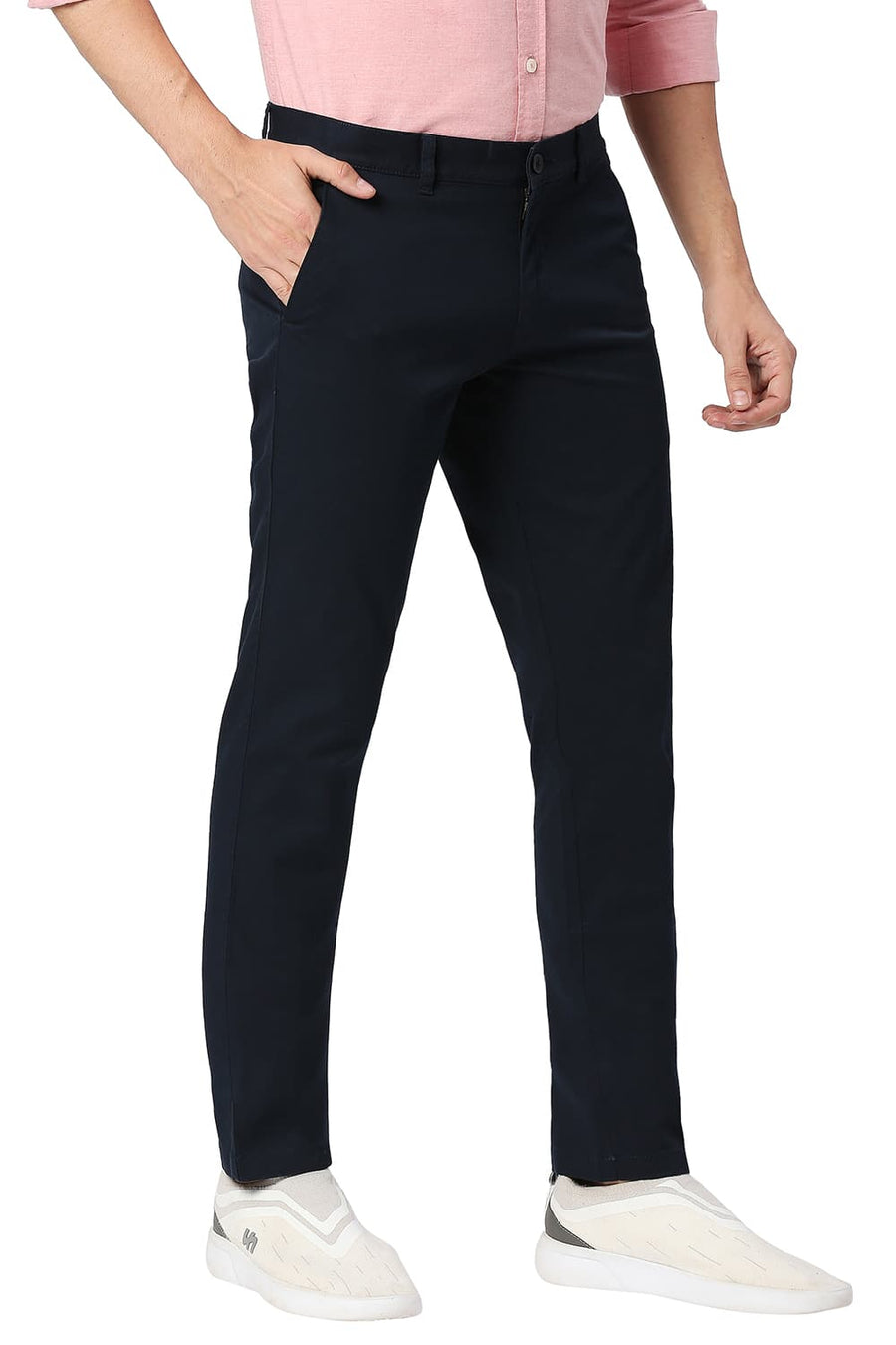 BASICS TAPERED FIT SPACE NAVY COTTON STRETCH TROUSERS