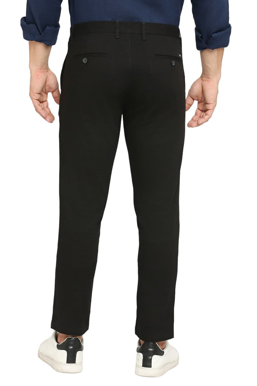 BASICS TAPERED FIT TAP SHOE BLACK COTTON STRETCH TROUSERS