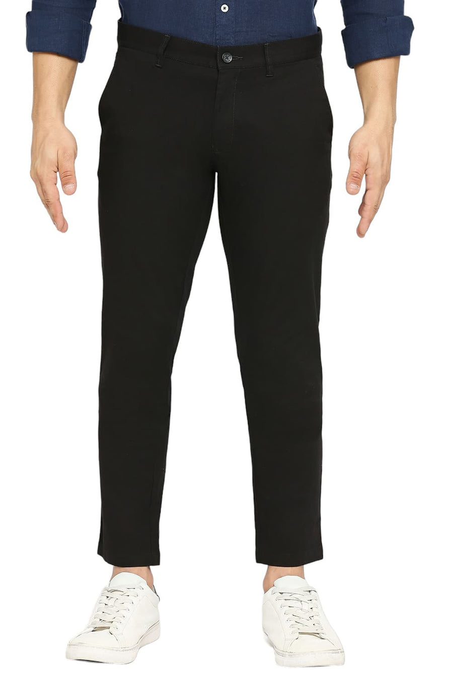 BASICS TAPERED FIT TAP SHOE BLACK COTTON STRETCH TROUSERS