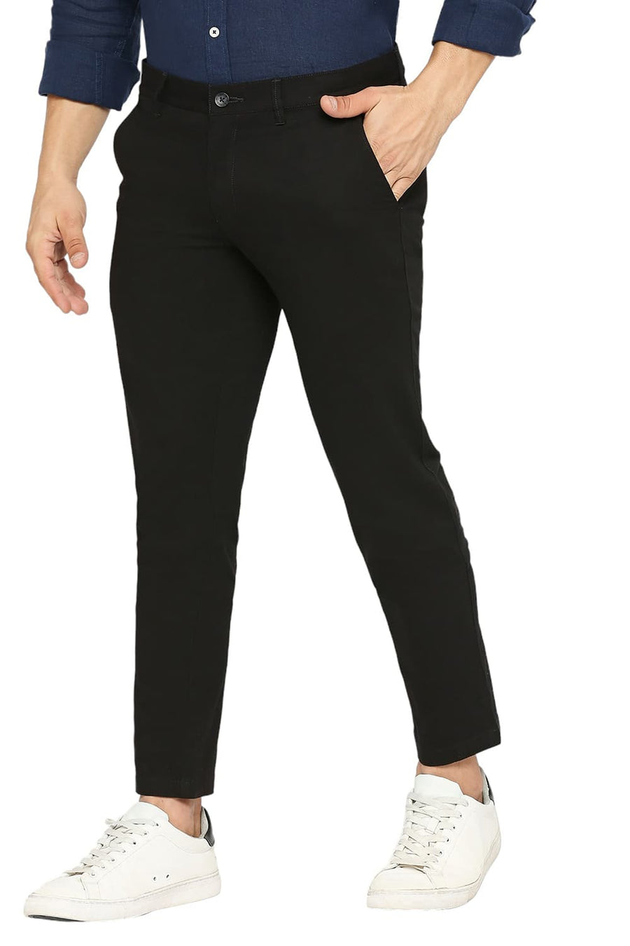 BASICS TAPERED FIT TAP SHOE BLACK COTTON STRETCH TROUSERS