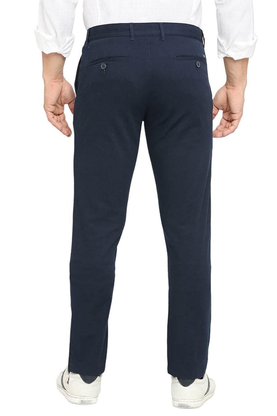 BASICS TAPERED FIT STRATIFIED NAVY COTTON STRETCH TROUSERS