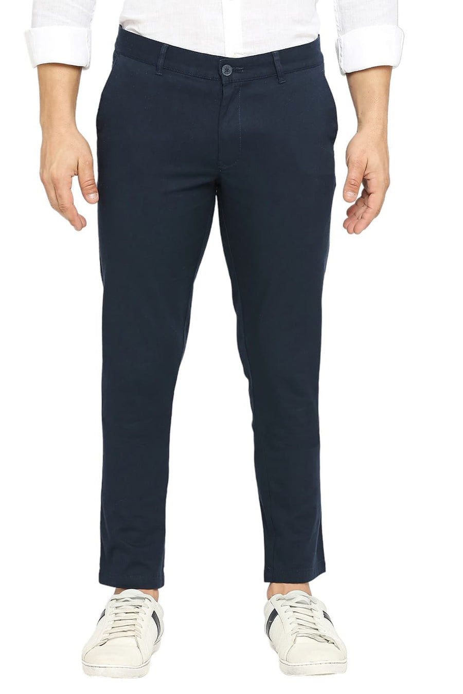 BASICS TAPERED FIT STRATIFIED NAVY COTTON STRETCH TROUSERS