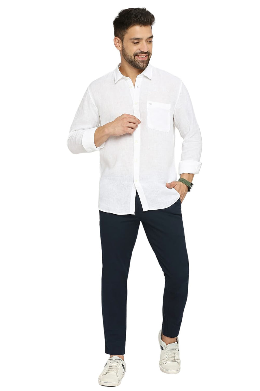 BASICS TAPERED FIT STRATIFIED NAVY COTTON STRETCH TROUSERS