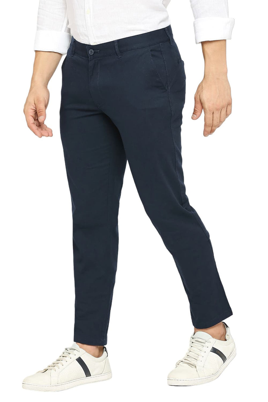 BASICS TAPERED FIT STRATIFIED NAVY COTTON STRETCH TROUSERS