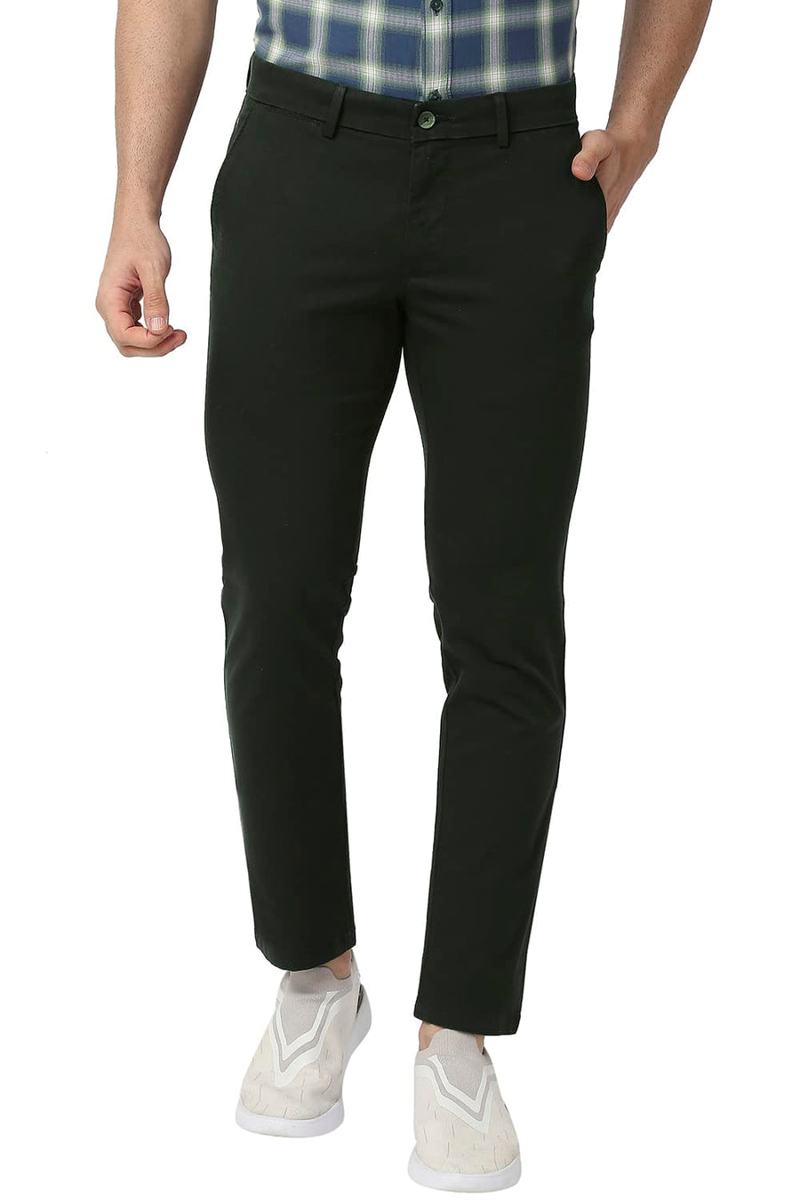 BASICS SKINNY FIT SPRUCE GREEN COTTON STRETCH TROUSERS