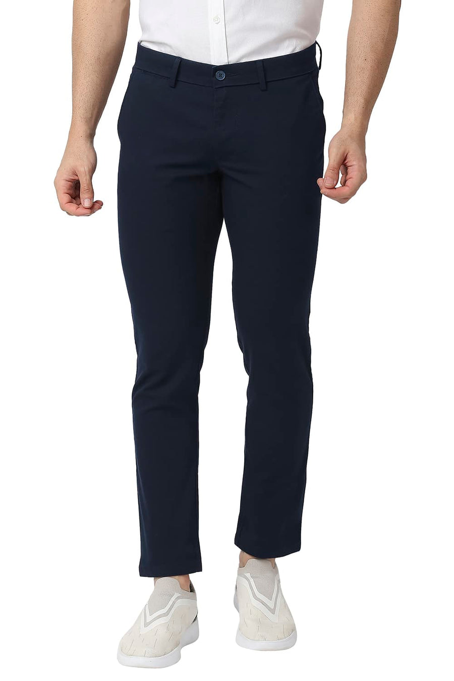 BASICS SKINNY FIT CARBON NAVY COTTON STRETCH TROUSERS