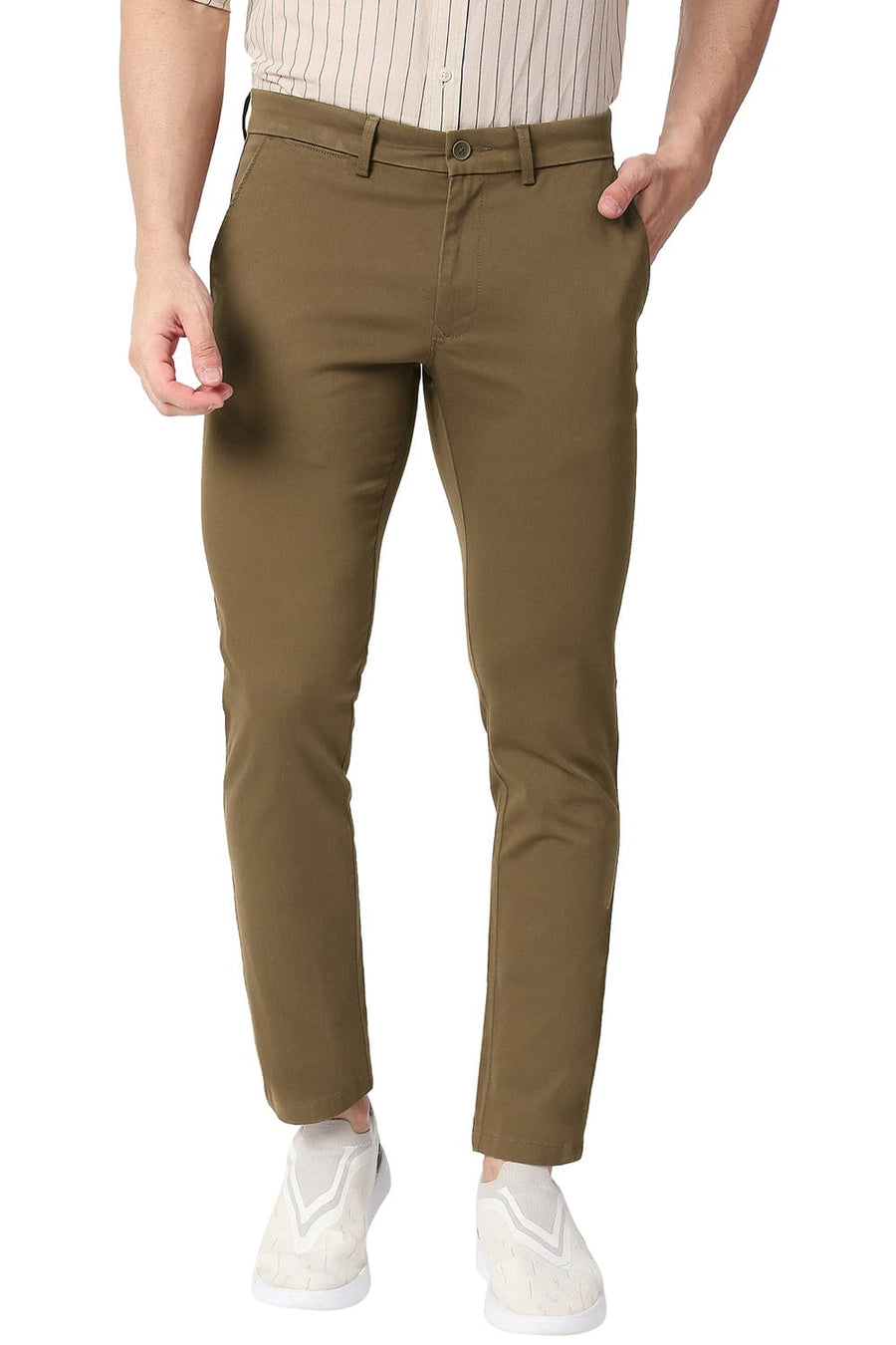BASICS SKINNY FIT ENMINE BROWN COTTON STRETCH TROUSERS