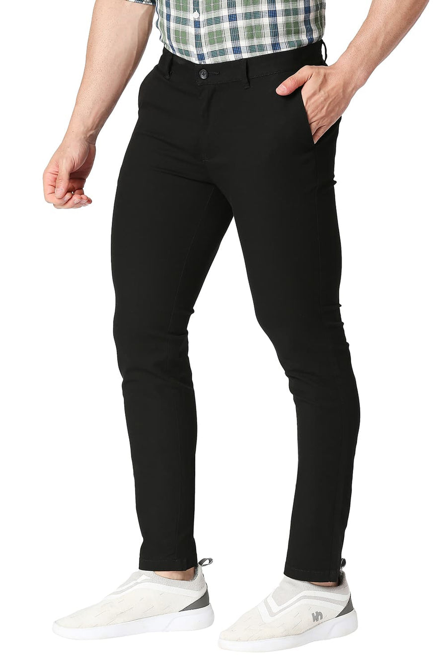 BASICS SKINNY FIT METEORITE BLACK COTTON STRETCH TROUSERS
