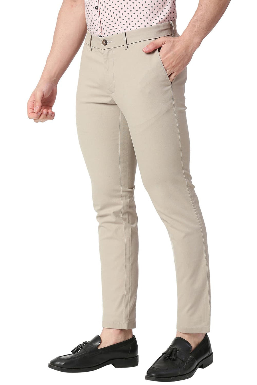 BASICS SKINNY FIT CASHMERE BEIGE COTTON STRETCH TROUSERS