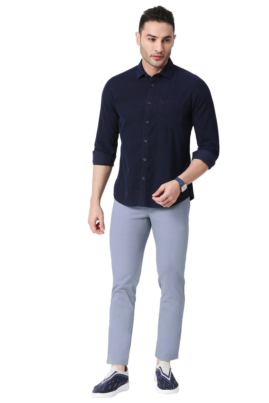 BASICS SKINNY FIT WEATHERVANE BLUE COTTON STRETCH TROUSERS