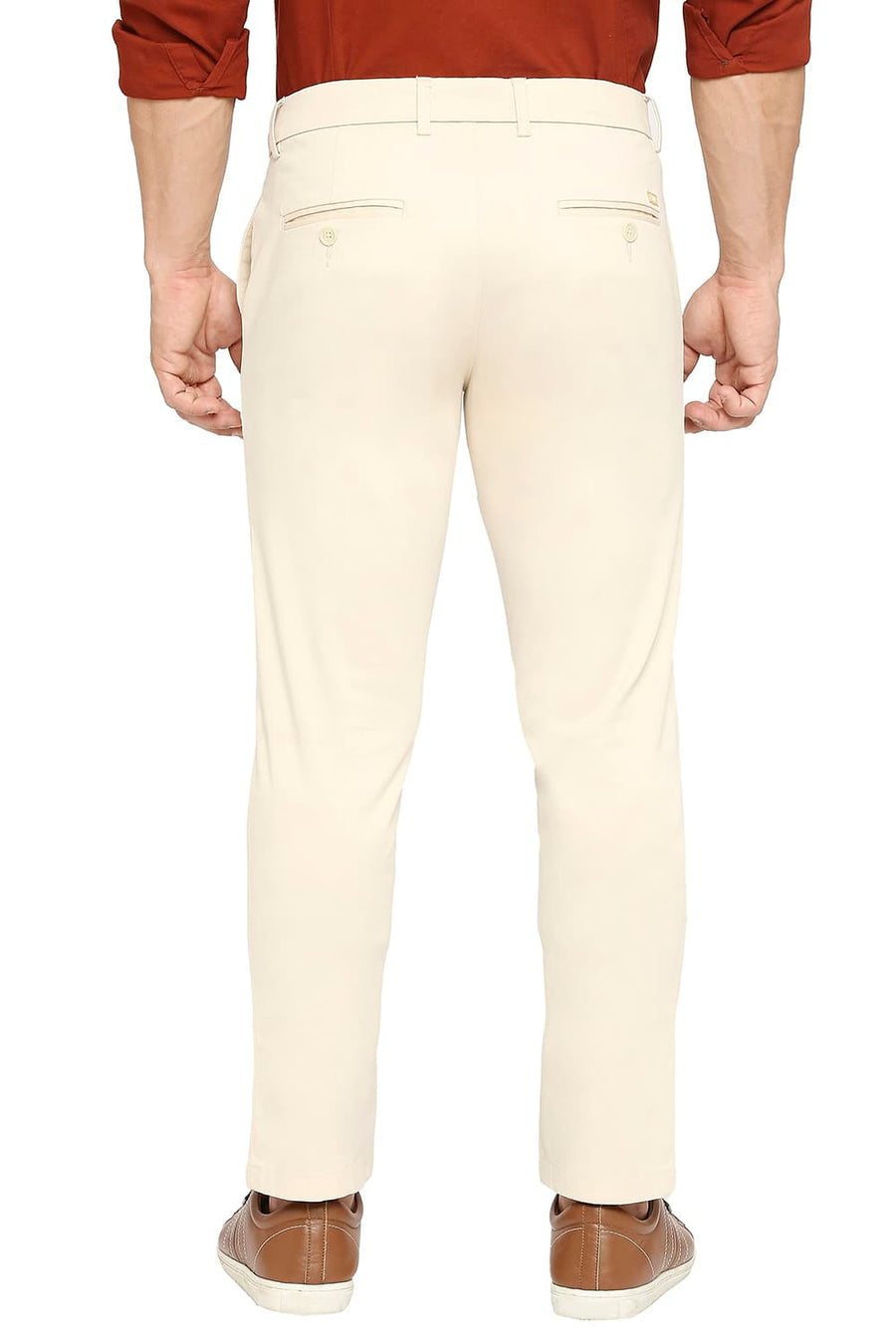 BASICS TAPERED FIT MACADAMIA PEACH COTTON STRETCH PEACH TWILL TROUSERS