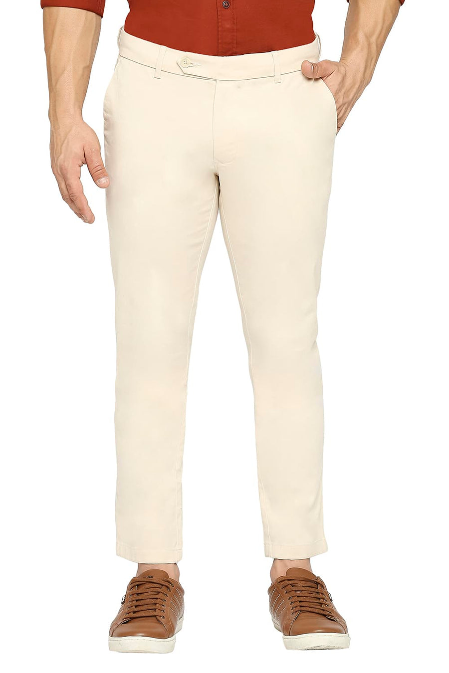 BASICS TAPERED FIT MACADAMIA PEACH COTTON STRETCH PEACH TWILL TROUSERS