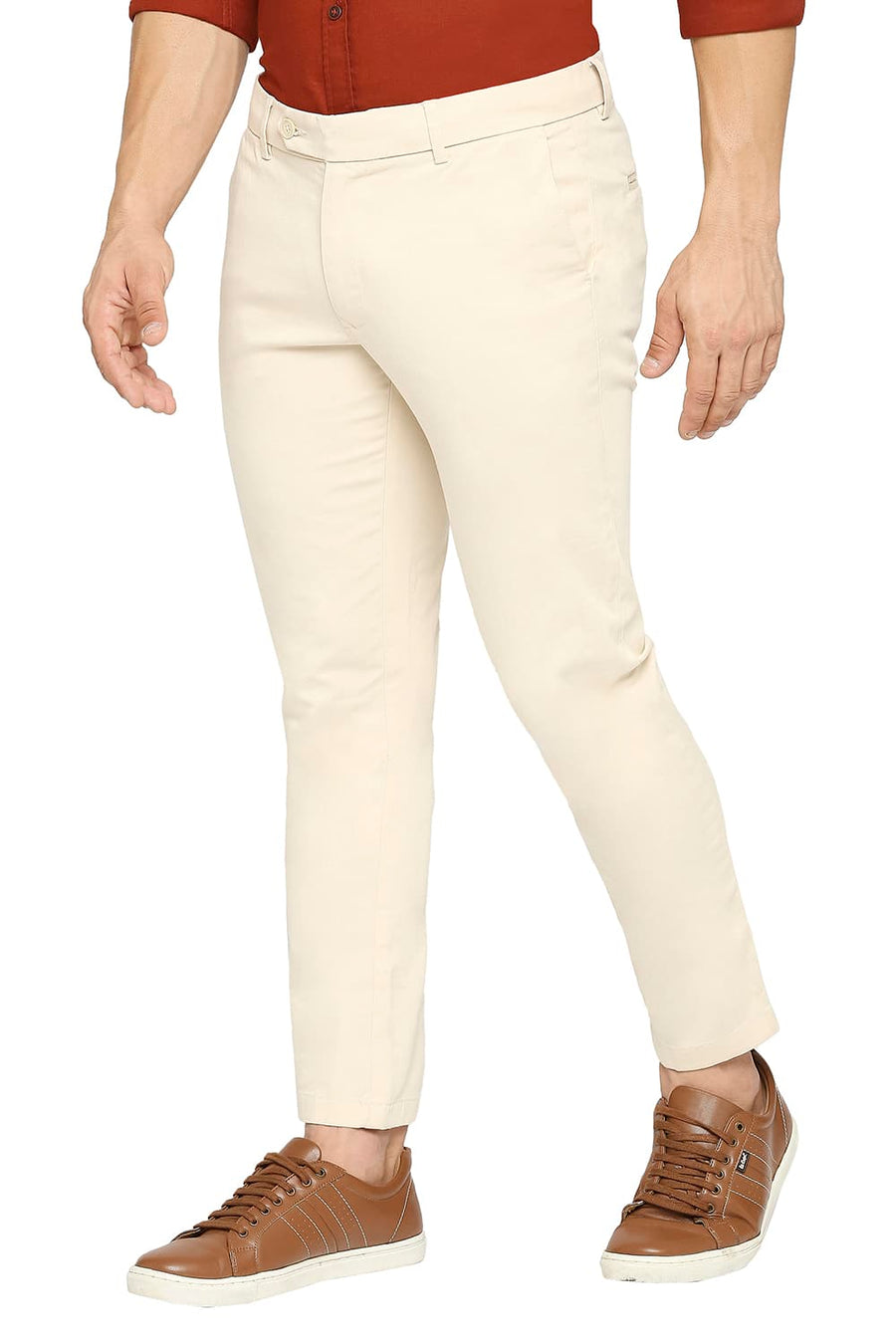 BASICS TAPERED FIT MACADAMIA PEACH COTTON STRETCH PEACH TWILL TROUSERS