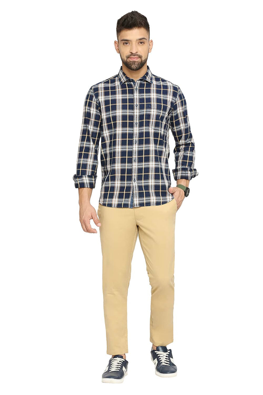 BASICS TAPERED FIT STARFISH KHAKI COTTON STRETCH PEACH TWILL TROUSERS