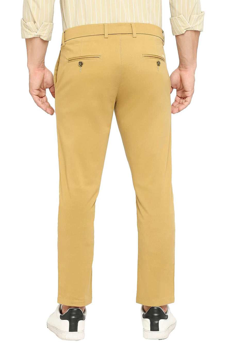 BASICS TAPERED FIT BISTRE TAN COTTON STRETCH PEACH TWILL TROUSERS
