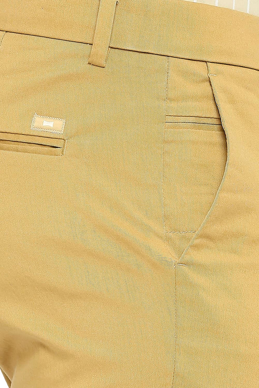 BASICS TAPERED FIT BISTRE TAN COTTON STRETCH PEACH TWILL TROUSERS