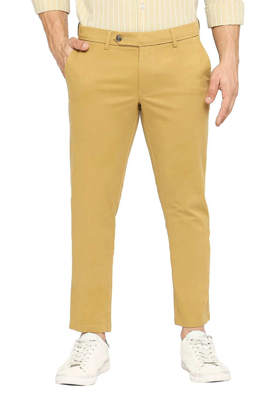 BASICS TAPERED FIT BISTRE TAN COTTON STRETCH PEACH TWILL TROUSERS