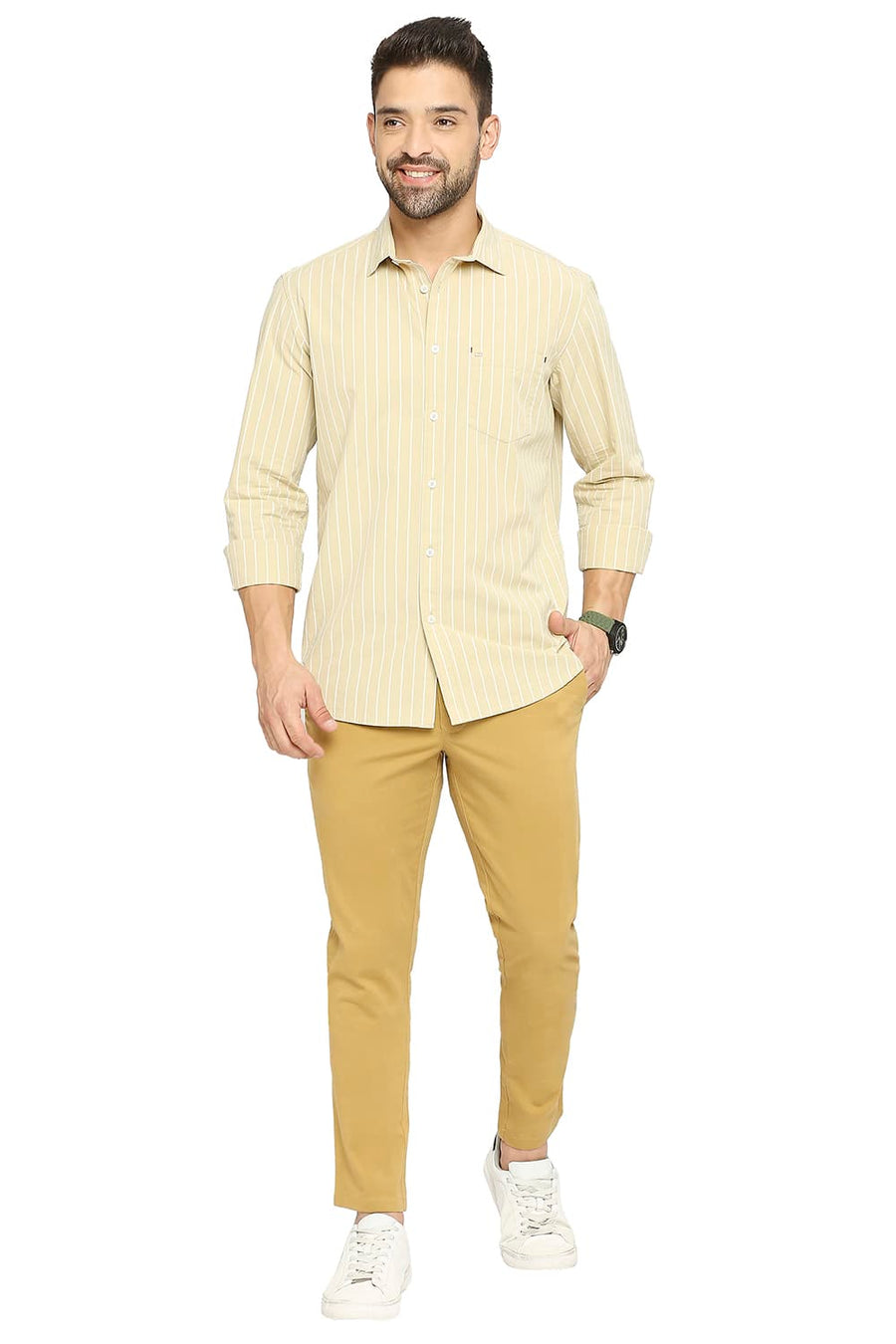 BASICS TAPERED FIT BISTRE TAN COTTON STRETCH PEACH TWILL TROUSERS