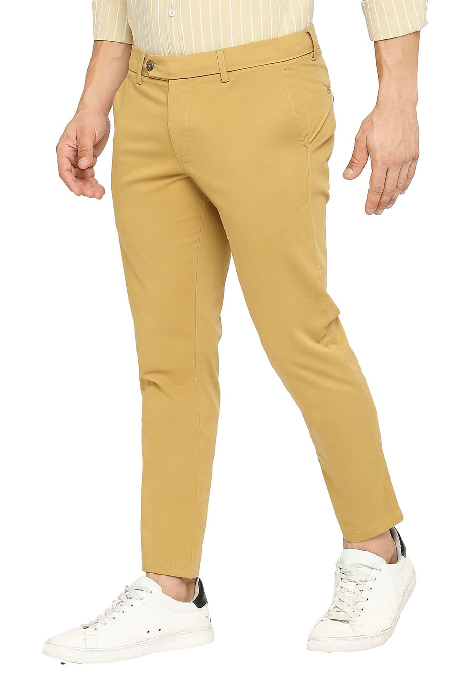 BASICS TAPERED FIT BISTRE TAN COTTON STRETCH PEACH TWILL TROUSERS