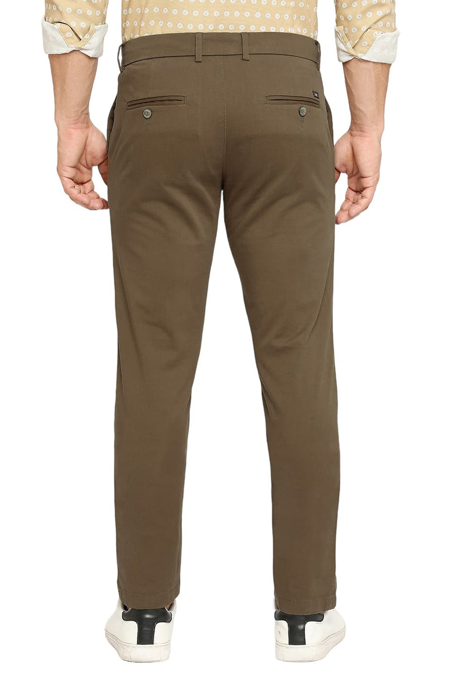 BASICS TAPERED FIT OTTER BROWN COTTON STRETCH PEACH TWILL TROUSERS